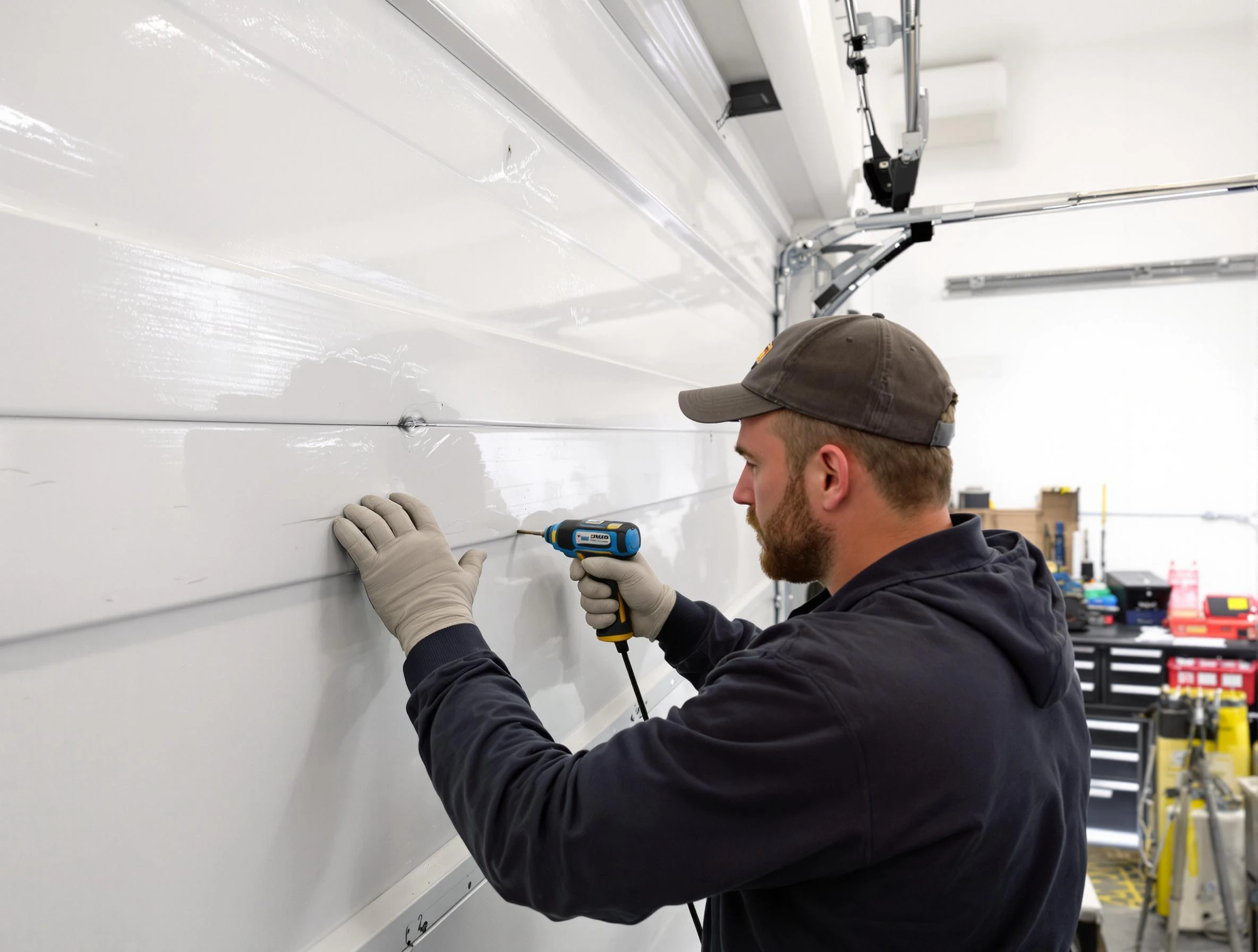 Dunwoody Garage Door Repair technician demonstrating precision dent removal techniques on a Dunwoody garage door